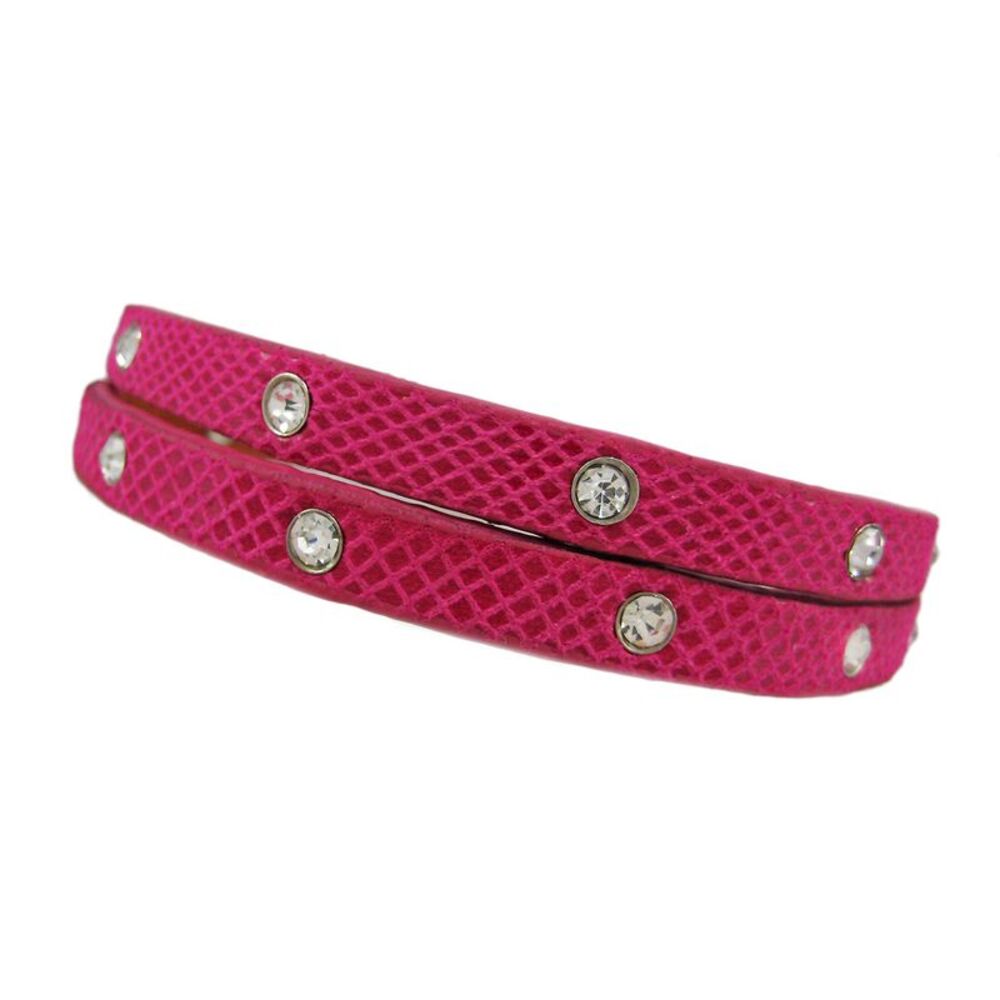 Fuchsia Leather Python Triple Wrap Rhinestone Bracelet - Picture 2 of 3
